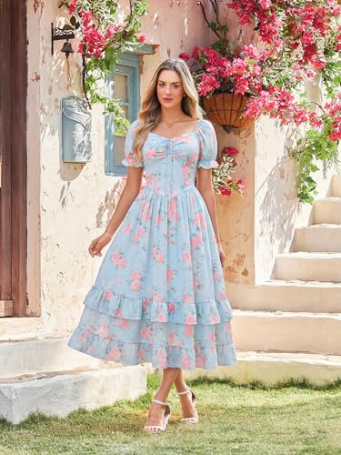 Image of Scarlet Darkness Women Floral Maxi Dress Puff Sleeve Tea Party Corset Dress | Pockets, Ruched Bust, Ruffled Hem, for Cottagecore Fairy Milkmaid Vacation