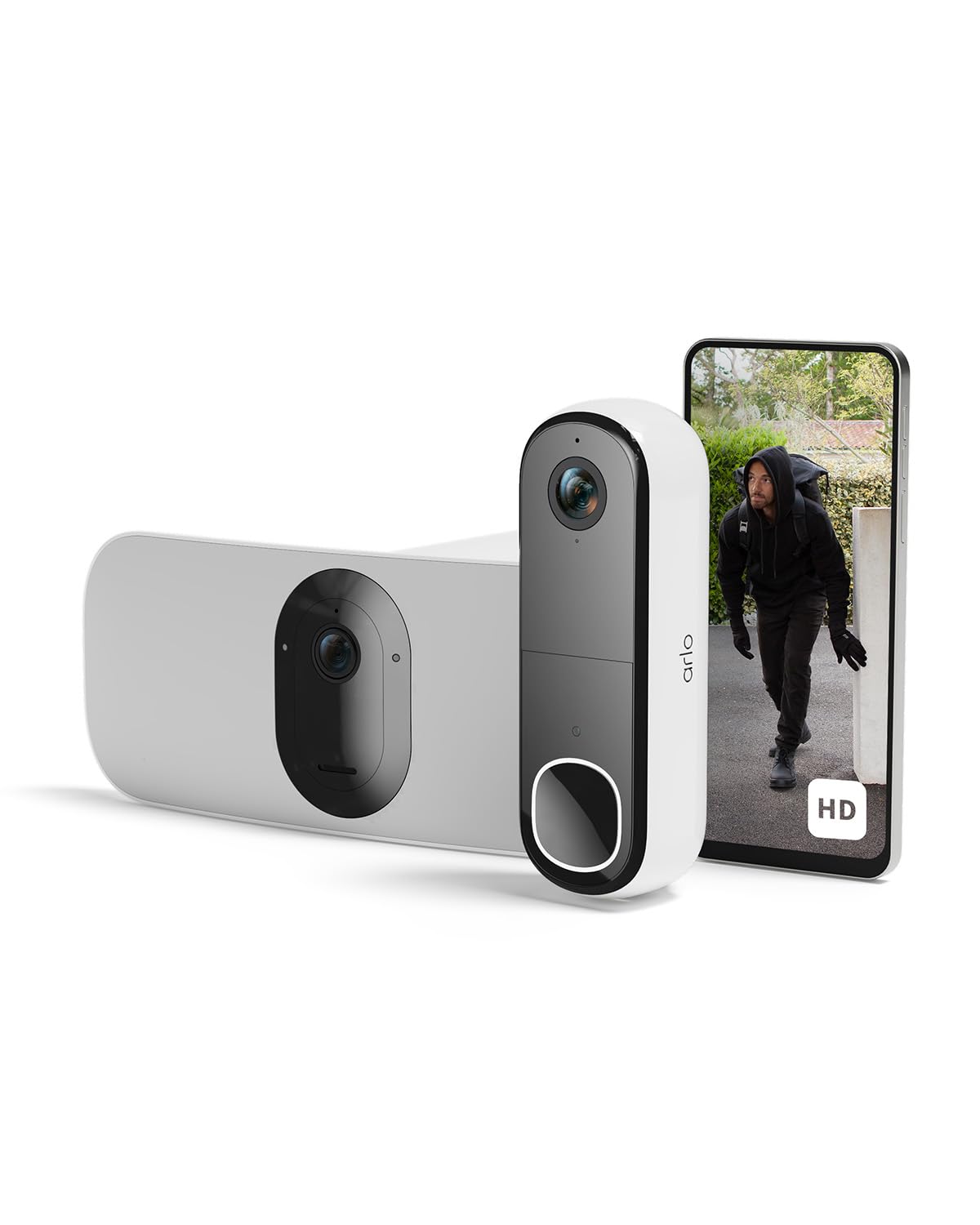 Arlo White Floodlight Security Camera Outdoor And Hd Video Doorbell, Quality 2K Hdr, Colour Night Vision, Ringing Alarm Siren, Up To 3000 Lumen, 2-Way Talk, Free Trial Of Secure