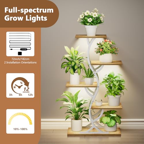 Image of Plant Stand Indoor with Grow Lights - 5 Tiered Corner Plant Shelves (White) | 44 inch Tall Metal Plant Shelf, S-Shape Lighted Flower Holder Dispaly Rack for Living Room, Home, Patio, Balcony