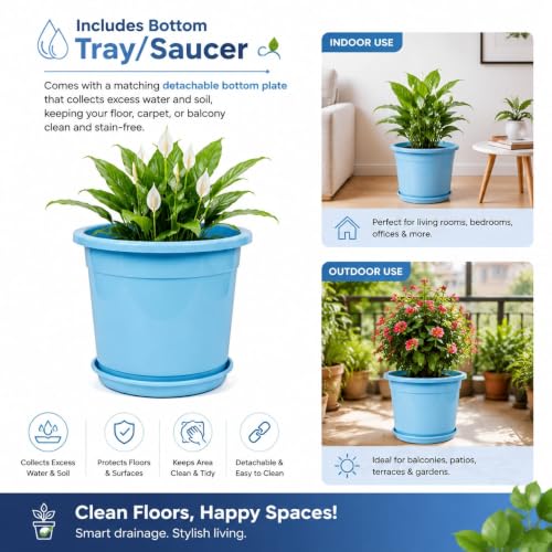 Image of 12 Inch Glossy Plastic Planter with Bottom Plate | Heavy Duty Flower Pot with Tray for Indoor Home Decor, Balcony, Living Room & Outdoor Garden (6 Pot, Ocean Blue)
