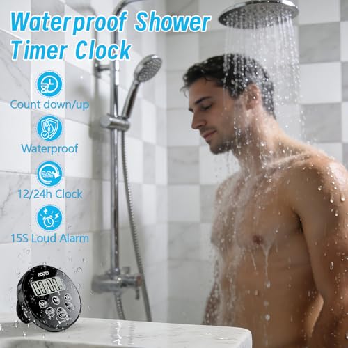 FCXJTU Digitaler wasserdichter Duschuhr-Timer, IPX7 Badezimmer-Dusche-Countdown-Timer, 12/24-Stunden-Uhr, einfache Einrichtung für Küchenpool mit Alarm, magnetischer Rückseite, Ständer, Dunkelschwarz