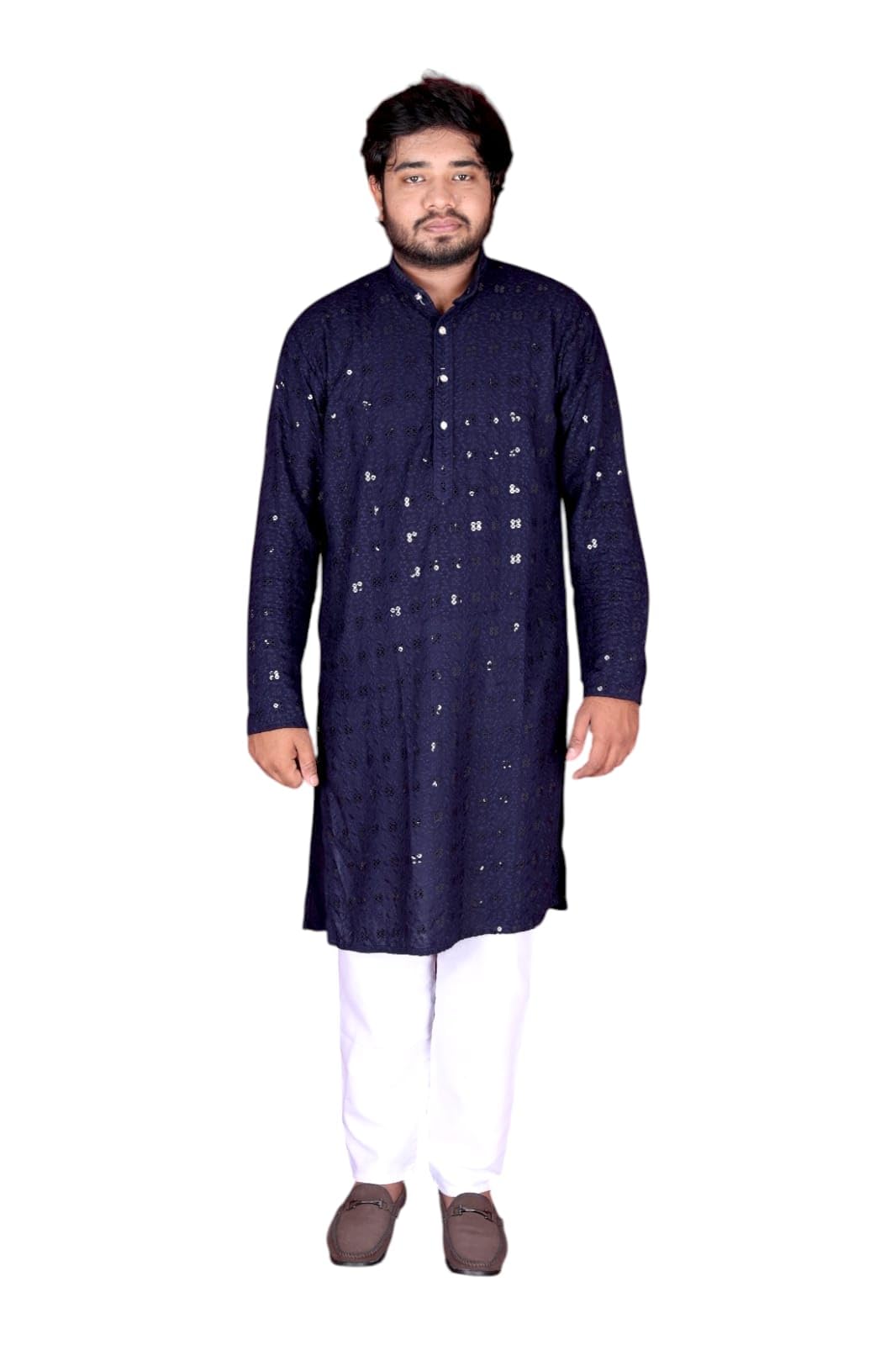Men's Solid Blue Kameez with Embroidered Accents-picture-33