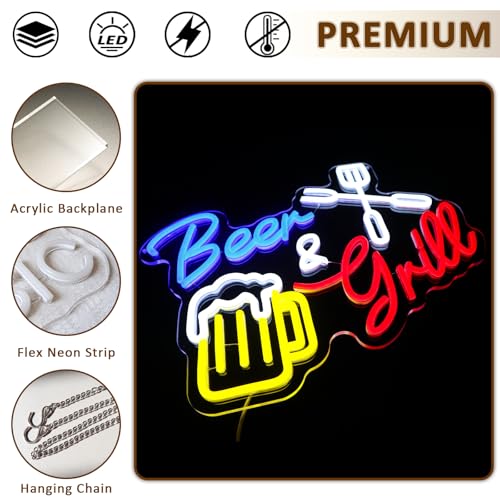 Image of Beer And Grill Neon Sign for Wall Decor, Grilling Led Signs for BBQ Bar, USB Dimmable 15.75 inch x 11.97 inch Neon Lights for Beer Bar Home Pub Restaurant Patio Man Cave Wall Art