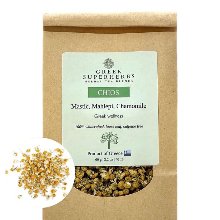 Chios Tea | Greek Wellness Loose Herbal Tea | Whole Chamomile Flowers, Mastic Tears, Mahlepi | 100% Wild Crafted, Caffeine Free, Natural, Earthy Flavor (1.4 oz (25 Cups), Chios Tea)