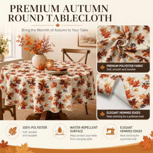 Image of Fall Round Tablecloth 60 Inch Maple Leaves Waterproof Heat Resistant Reusable Table Cloth Thanksgiving Decorations Autumn Table Cover for Holiday Kitchen Dining Party Season Decor