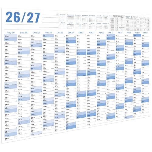 Calendario de pared 2026 2027, calendario de pared 2026 2027, más grande (100 x 70 cm) de agosto 2026 a jul 2027, calendario de pared año escolar 26 27 para estudiantes y profesores, azul neblina