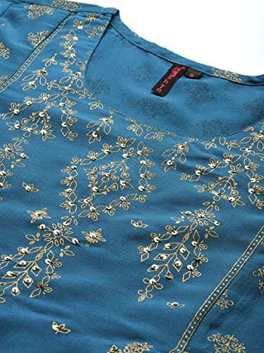 Image of ishin Women's Silk Teal Embellished Foil Print A-Line Flared Kurta