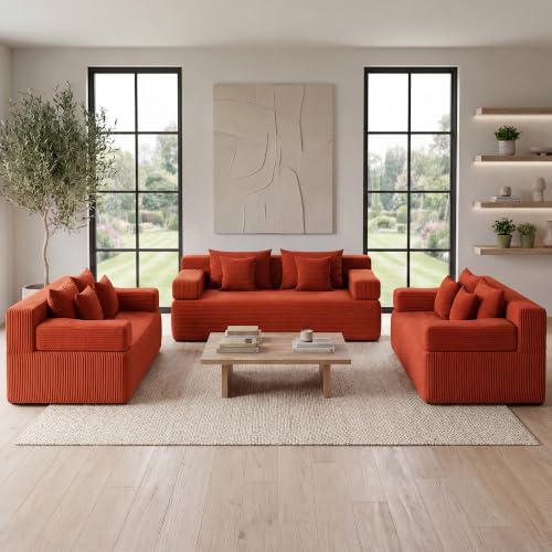 Image of MONVANE 3-Piece Boneless Loveseat Couch Set for Living Room, Oversized Modular Sectional Sofa Set with Removable Armrests, Comfy Corduroy Cloud Couch with 12 Pillows, No Assembly Required, Terracotta