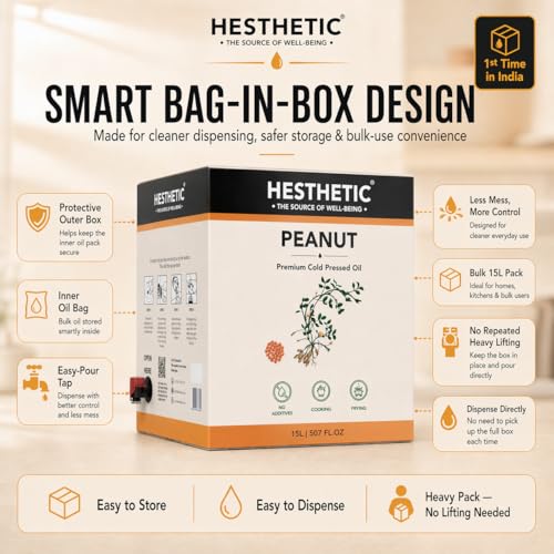 Image of HESTHETIC Cold Pressed Peanut (Groundnut) Oil 15L Bag-in-Box | Pure Moongfali Ka Tel | Joint-Family Cooking Oil, Unrefined, High Smoke Point | Best Per-Litre Value