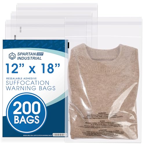 Spartan Industrial - 12” X 18” (200 Count) Self Seal Clear Poly Bags with Suffocation Warning for Packaging, T Shirts & Shipping - Resealable Glue
