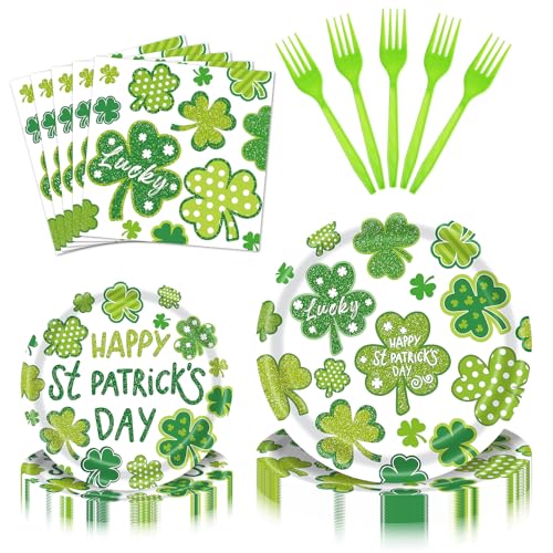 96 Pieces St. Patrick’s Day Tableware Set – Green Shamrock Disposable Plates Napkins Forks with “Happy St. Patrick’s Day” Lucky Clover Designs for Holiday Parties Irish Celebrations – Serves 24