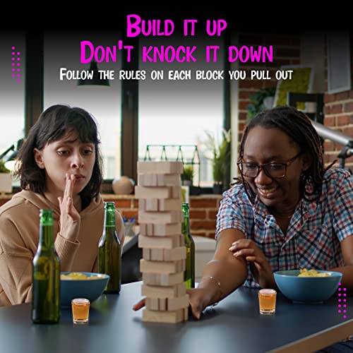 BETTERLINE Wooden Tower Stacking Blocks Drinking Game - 48 Pieces - Tumbling Tower for Adults - Friends Party Game, Bachelor Party, Bachelorette Party (60 Pieces w/Text)