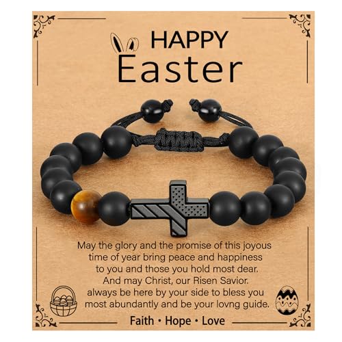 Image of P. BLAKE Cross Bracelet for Boys Men, American Flag Cross Natural Beads Bracelet Christian Religious Birthday Jewelry Gifts for Teen Boys