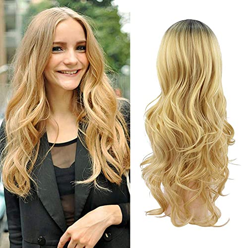 Natural Weave Synthetic Wigs Curly Wave Wig Side Part Long Wavy Wig Middle Part Wig Heat Resistant Synthetic Daily Party Wig for Women (Blonde Color,22")