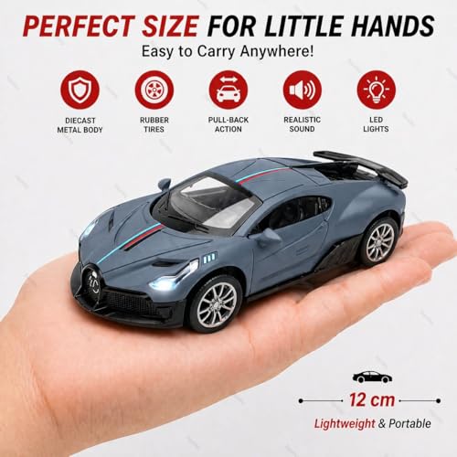 Image of 1:36 Scale Bugatti Die-Cast Toy Car - Pull Back Metal Model with Openable Doors, LED Lights & Music - Alloy Mini Car Gift for Kids, Boys & Collectors 【Grey】