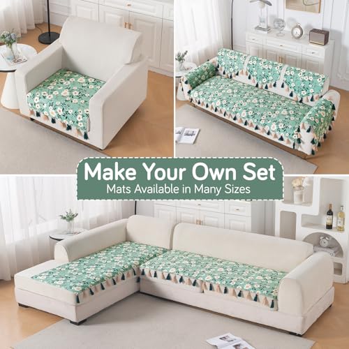 Image of HOKIPO Sofa Cover Mat with Tassel for 1 /2 /3 Seater & L Shape Sofa | DIY Sofa Cover Set | Digital Printed Holland Velvet | 'Whispers of Nature' | 70(W) x 180(L) cm | Sage Floral Vine (IN-1122-D8)