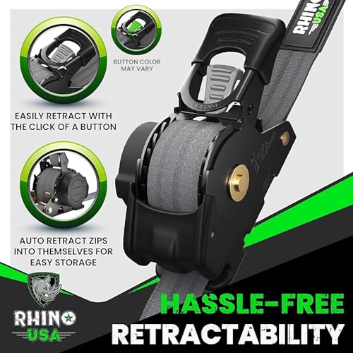 Image of Rhino USA Retractable Ratchet Straps (4-Pack) - 1 Inch x 10 Feet (1,209lb Break Strength) - Auto Self Retracting Tie Down Straps for Truck, Cargo Trailer, Motorcycle, ATV, UTV - Gray