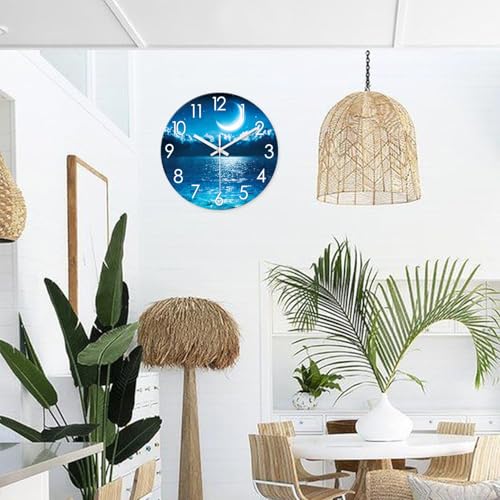 Image of XFM Large Blue Moon Wall Clock Silent Non-Ticking 20 Inch | Battery Operated Round Analog Modern Nature Night Ocean View Decorative Clock for Living Room Kitchen Bedroom Office