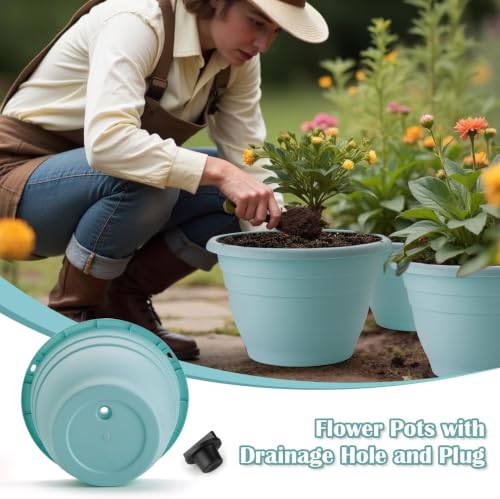 Image of RooTrimmer 3 Pack 11 Inch Plant Pots with Drainage Hole and Plug, Durable Plastic Flower Pots for Indoor & Outdoor Plants, Elegant Mordern Plant Pots Perfect for Herbs, Flowers & Succulents, Blue