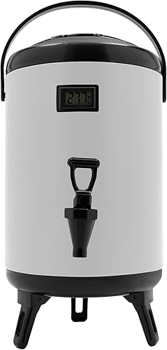 Dispensador de bebidas aislado con tapa, dispensador de agua fría y caliente de acero inoxidable de 2.1 galones con termómetro y espiga, apto para