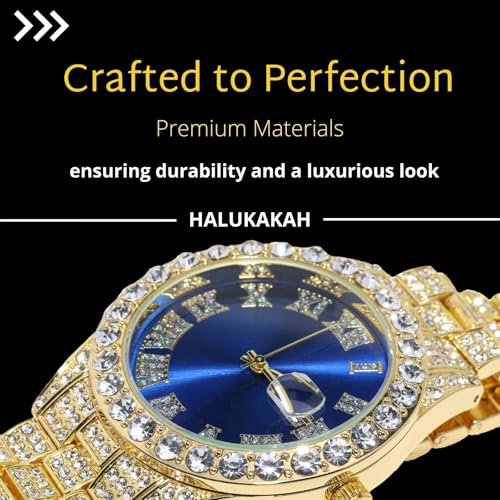 Image of Halukakah Diamonds Gold Watch Iced Out for Boy Teens Kids - 18K Real Gold /Platinum Plated,42mm Blue /Green /Red Dial,Japanese Quartz - 8 inch Length - Optional with Cuban Link Chain,with Watch Adjuster Tool