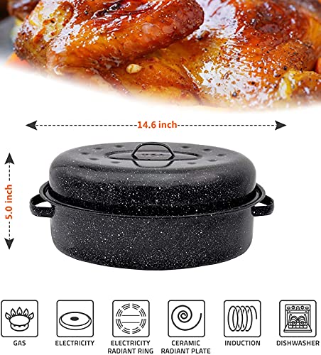 14.6 Inch Roaster Pan, Enamel Oval Turkey Roasting Pan With Domed Lid - Mother's Gift, Covered, Non-Sticky, Free Of Chemicals - Rôtissoire Chicken Meat Roasts Casseroles & Vegetables(14.6 Inch) #TOP3