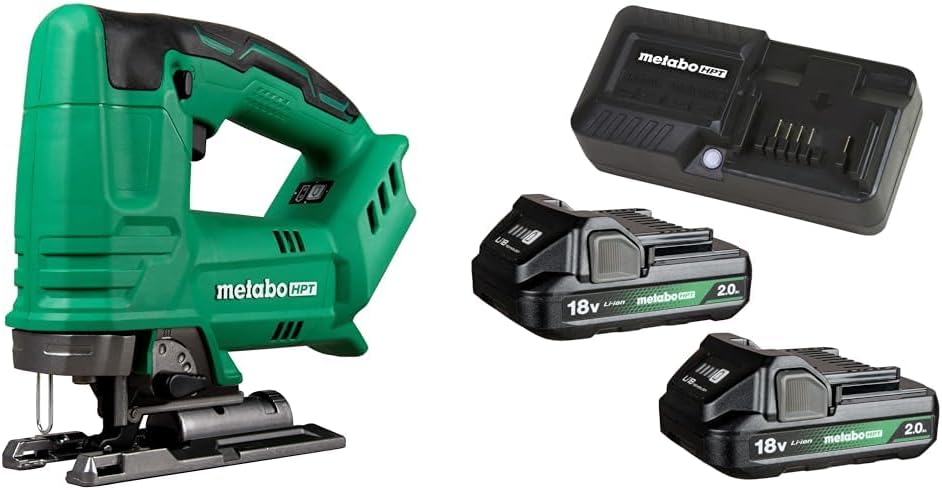 Bundle of Metabo HPT 18V MultiVolt Jig Saw | 2500 SPM | Variable Speed Trigger | Tool Only | CJ18DAQ4 + Metabo HPT 18V 2-Pack Batteries and Charger Kit | UC18YKSLS