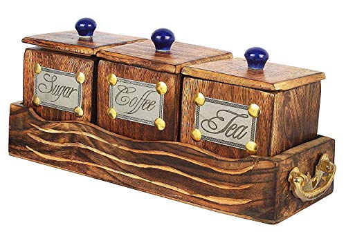 Image of HS ART Wooden Table Top Large 3 Container Canister Set with Tray and Lid for Tea Coffee Sugar container 600 ml