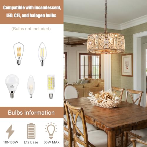Image of Bronze Vintage Crystal Chandeliers for Dining Room 14.17 inch Drum Pendant Lights, Dining Room Light Fixtures Over Table, Hanging Chandelier for High Ceiling Kitchen Island Living Room Foyer