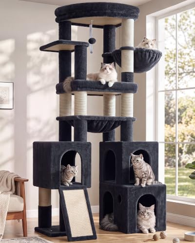 Image of Globlazer Tall Cat Tower for Indoor Adult Cats, 72-inch, S72G, Dark Grey | Heavy Duty Cat Tree House for Big Cats with 2 Extra-Large Padded Platform, 7 Sisal Scratching Posts, 3 Large Condos