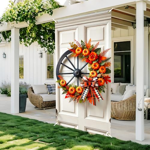 Image of Fall Wagon Wheel Door Cover 35x71in Pumpkin Plaid Bow