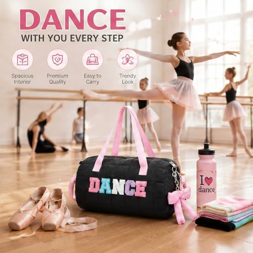 Image of 12.8 Inches Quilted Puffer Ballet Dance Bag Cute Tote Bag with Hanging Bow Pendant for Travel Dancing Dress