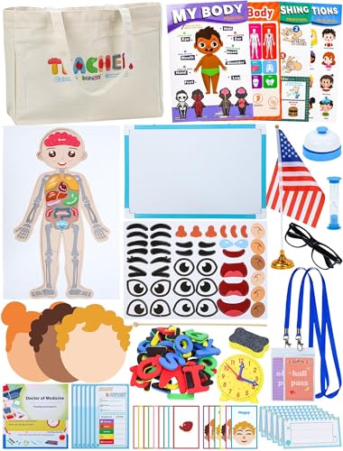 Learn2M Pretend Teacher Role Play School Set with Whiteboard and Bag Kids Role Learning Playset with Magnetic Body Puzzles and Emotion Cards Pretend Play School Toys for Kids