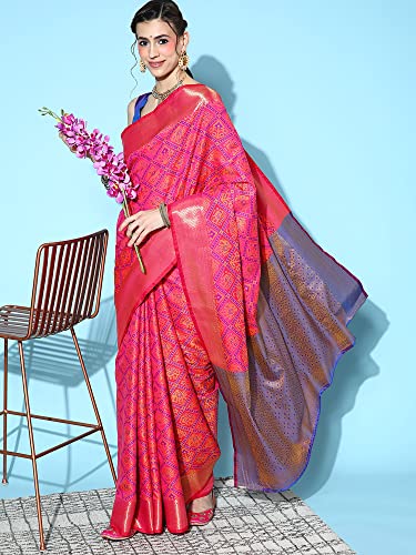 Image of AKHILAM Women's Ethnic Motif Banarasi Silk Woven Design Saree With Unstitched Blouse Piece (Pink FF02MNSV807)
