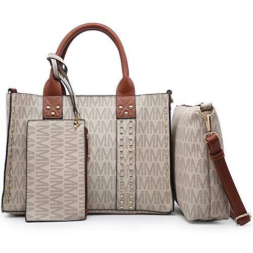 Womens Signature Top-Handle Handbags Purses Satchel Bags for Women Fashion Shoulder Tote Work Bags Wallets 3pcs Purse Set (Beige)