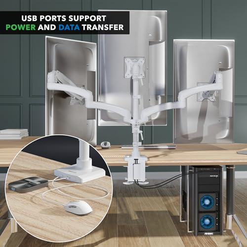 Image of Mount-It! Triple Monitor Mount, 3 Monitor Desk Mount, Gas Spring Arms, Fits 13-27 inch Screens, VESA 75 & 100, Clamp or Grommet, USB-A & USB-C, White