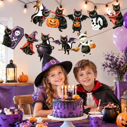 Image of Vintage Halloween Black Cat Banner Decor for Pet Halloween Birthday Party
