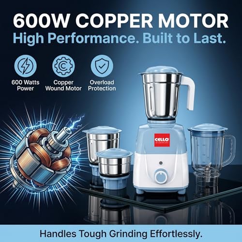 Image of CELLO Unitech 600W Mixer Grinder with Juicer Jar | 4 Jars | Copper Motor | 3 Speed Control | Stainless Steel Blades | Mixer, Grinder & Juicer for Juices