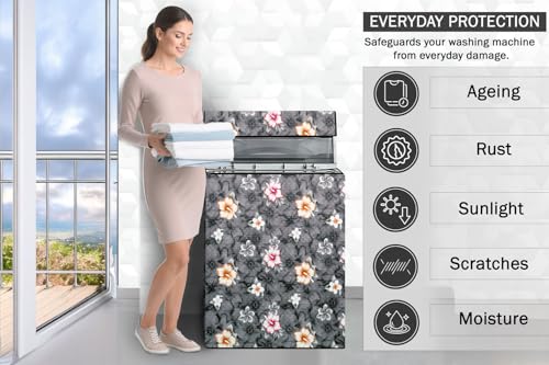 Image of Stylista PVC Washing Machine Cover Compatible for 6.5 KG Fully-Automatic Top Load TL- RDW 6.5 kg Aqua, Floral Pattern Multi Grey