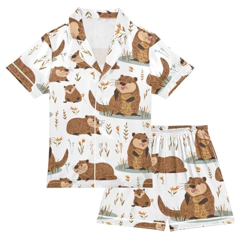 ALAZA Cute Beavers Leaf Blossom Satin Pajamas Set Short Sleeve Button Down Sleepwear Summer Pjs 2 Piece
