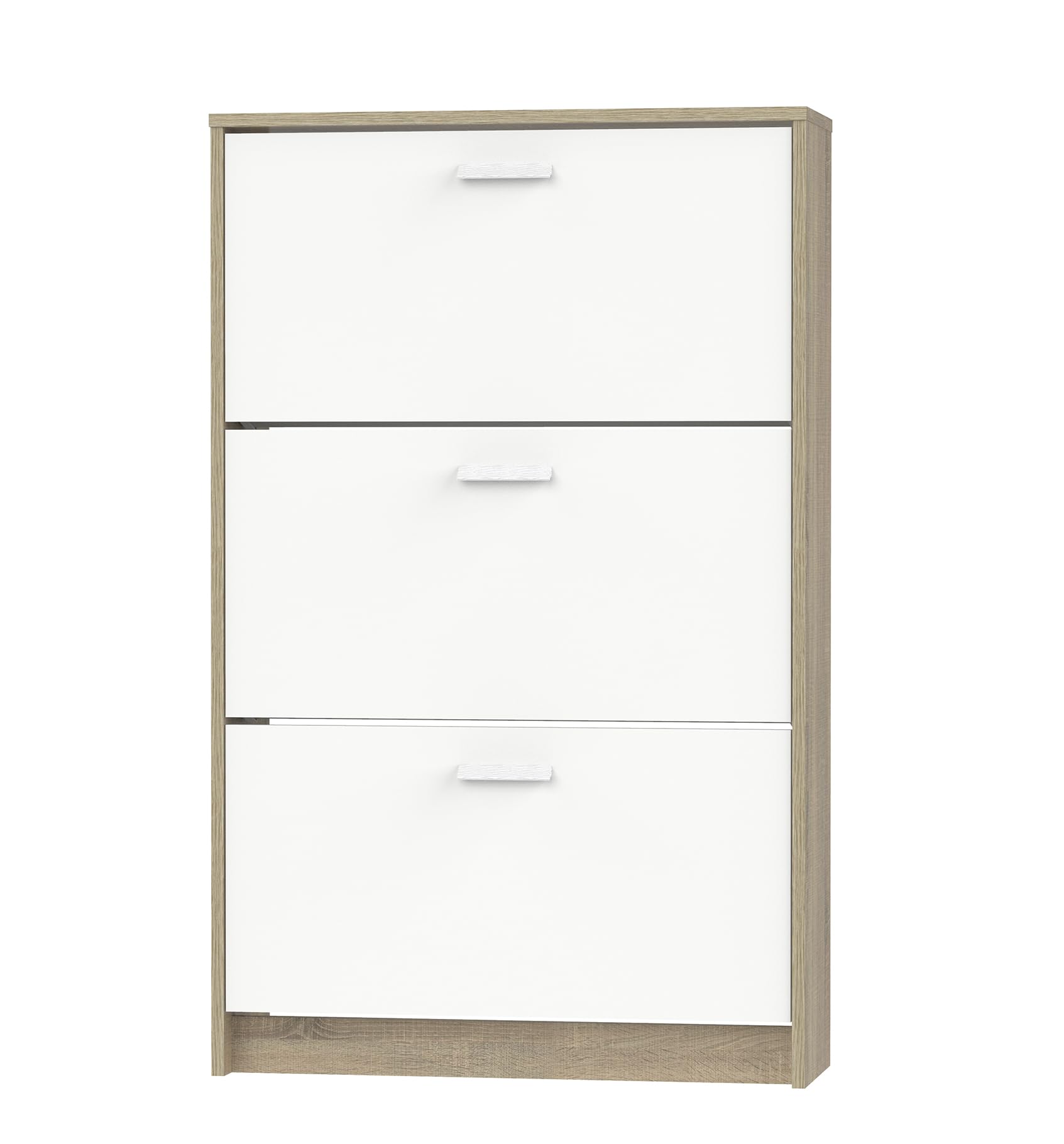 Muebles Pitarch | Scarpiera Ingresso Mobile ausiliario stretto 3 porte per ingresso Bianco e Rovere Cambrian, 18 paia di scarpe, 82x74x25cm, Collezione Tibet