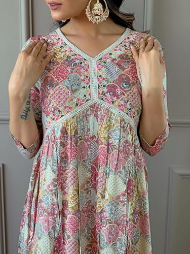 Image of Navlik Women's Viscose Rayon Embroidered and Printed Flared Kurta with Pant and Dupatta Sets (NK-411)
