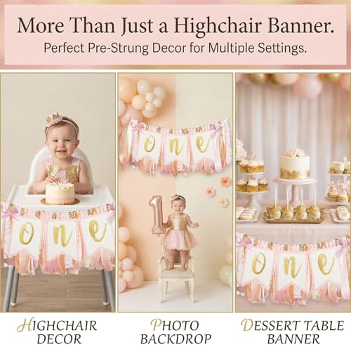 Image of Pre - strung Pink Highchair Banner - 1st One Birthday Highchair Banner for Princess Girls ONE Baby Shower Room Party Decor