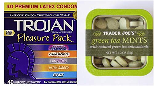 Trojan Pleasure Pack Premium Lubricated Latex Condoms, 40 Count & Trader Joe's Green Tea Mints Bundle.