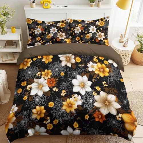 Juego de funda de edredón tamaño Super King, fundas de edredón vintage, elegantes, oscuras, románticas, misteriosas, telaraña, plantas florales con fundas de almohada, juego de ropa de cama de