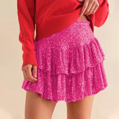 Womens Sequin Sparkly Glitter Mini Pleated High Waisted Tiered Ruffle Flowy Shiny Night Out Club Skirt with Underneath2