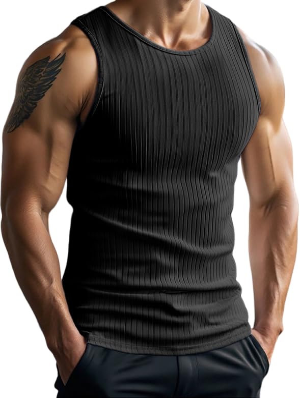 Weardear Herren Sleeveless Tanktops Workout Laufshirt Ärmelloses Unterhemd Fitness Achselshirt Sommer Muskelshirt Gym Trainingshirt Gerippte Funktionsshirt Schwarz L