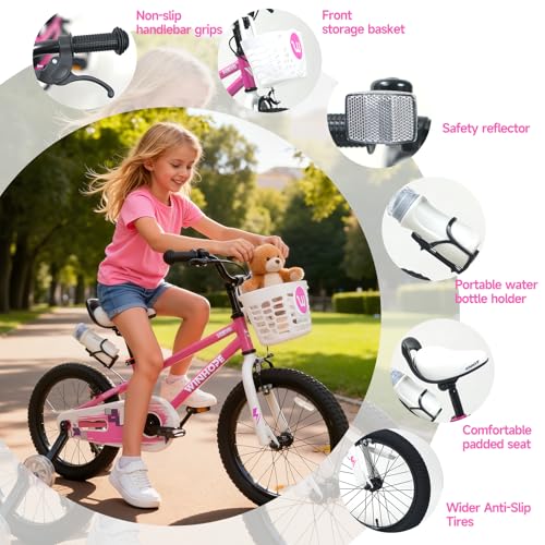 Image of WinHope 12-18 Inch Kids Bike with Light up Training Wheels for Boys Girls | Dual Brake Bicycle with Basket Adjustable Seat Water Bottle for Summer Riding Birthday Gift for Toddler 2-9 Years