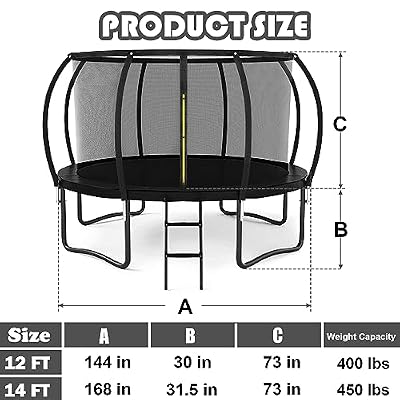 12FT 14FT Trampoline for Kids/Adults - Outdoor Recreational Big Trampolines with Enclosure Net Curved Poles and Ladder, Heavy Duty Trampoline Anti-Rust Coating, ASTM Approval