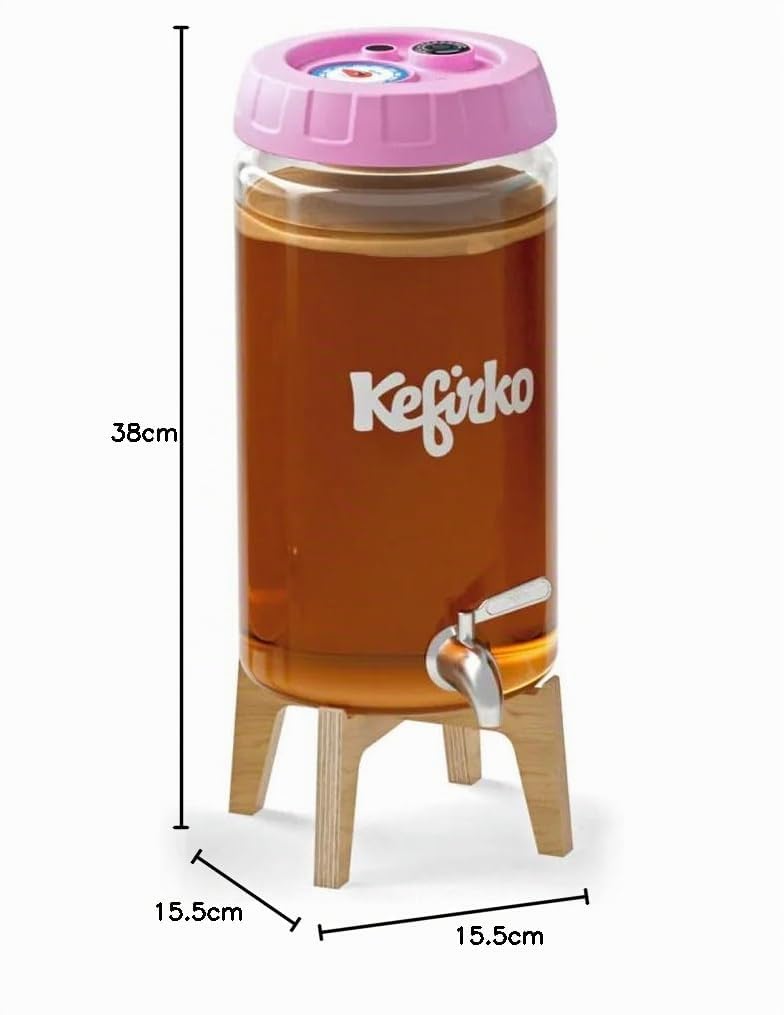 Kefirko Kombucha Kit de fermentation | Bocal en verre, couvercle, filtres, horloge de fermentation et livre de recettes, 4 litres (rose)